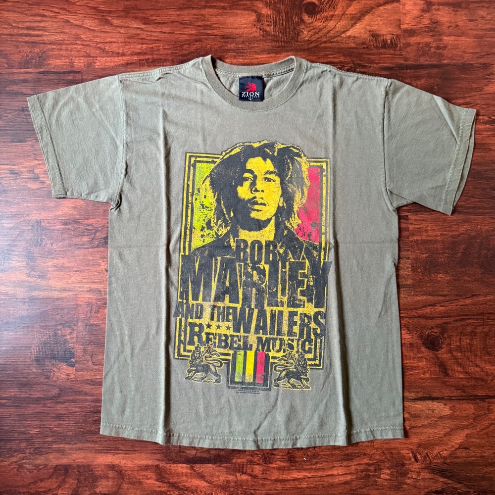 Bob‎ Marley T Shirt Zion Rootswear Rebel Music Olive Green Made in USA Tee